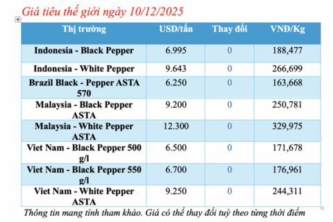 Giá tiêu hôm nay 10/12/2025: Biến động trái chiều