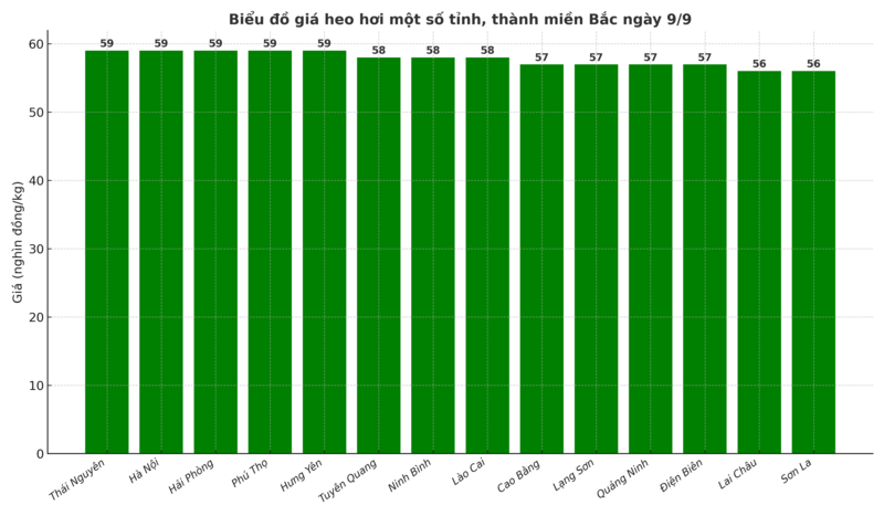 Biểu đồ giá heo hơi một số tỉnh, thành miền Bắc ngày 9/9.