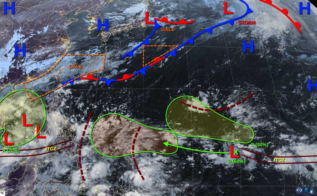 Các hình thái áp thấp và nhiễu động ở Biển Đông và Tây Bắc Thái Bình Dương ngày 28.10. Ảnh: JTWC