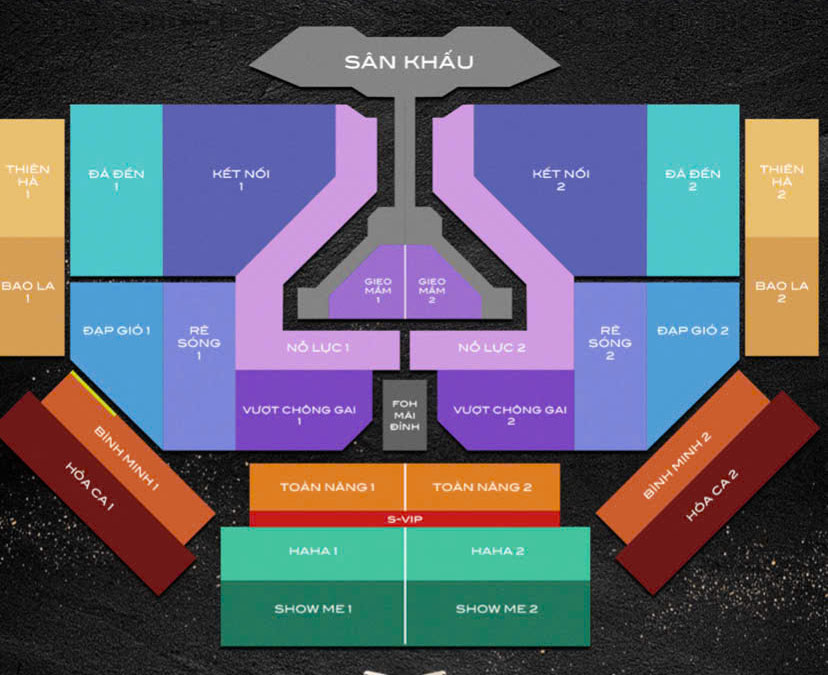Nhìn vào giá vé niêm yết, và sơ đồ sân khấu - có thể ước tính tổng doanh thu bán vé dựa theo tỉ lệ của từng mức giá. Ảnh: Nhà sản xuất