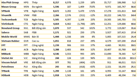 Lợi nhuận quý 1 của rổ VN30 tăng trưởng vượt trội 24% đưa P/E trượt xuống dưới 15 lần, nhóm ngân hàng góp công quá nửa