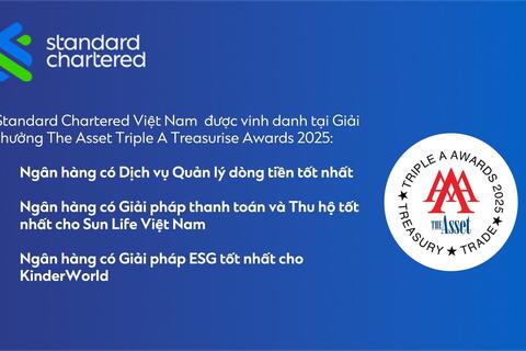 Standard Chartered được vinh danh Ngân hàng có Dịch vụ Quản lý dòng tiền tốt nhất 2025 tại Việt Nam