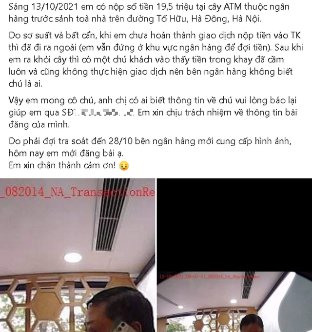 Hà Nội: Cô gái mất gần 20 triệu ở cây ATM vì vội rời đi khi giao dịch chưa hoàn thành, tá hỏa lên mạng cầu cứu - Ảnh 1. Hà Nội: Cô gái mất gần 20 triệu ở cây ATM vì vội rời đi khi giao dịch chưa hoàn thành, tá hỏa lên mạng cầu cứu - Ảnh 1.
