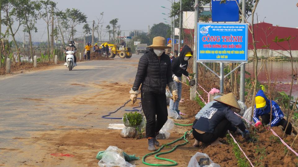 Cán bộ và Nhân dân xã Đại Thắng trồng cây hoa hai bên đường giao thông  những ngày đầu năm 2022