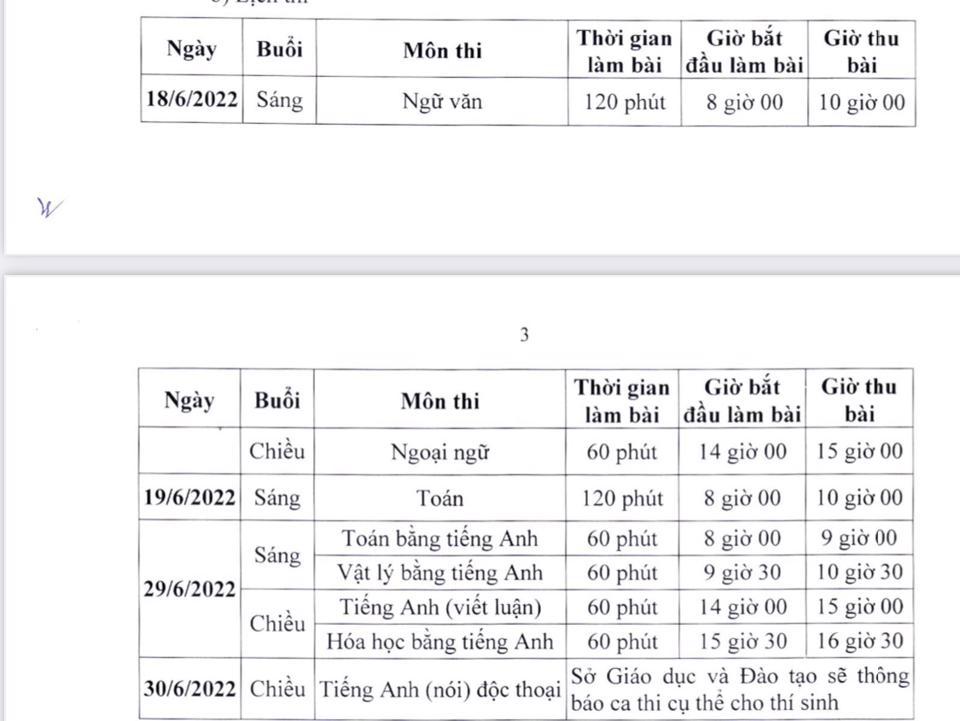 Lịch thi vào lớp 10 chương trình song bằng năm 2022