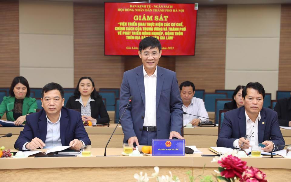 Chủ tịch UBND huyện Gia Lâm Nguyễn Đức Hồng báo cáo tại buổi làm việc