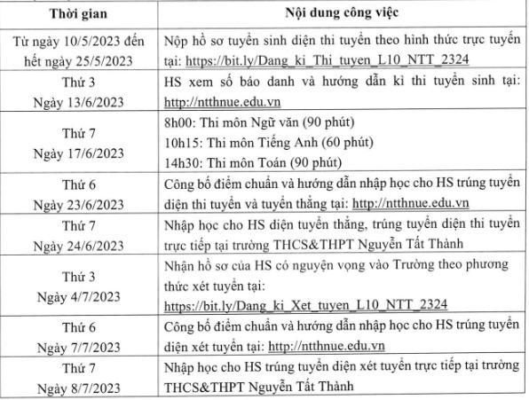 Lịch tuyển sinh lớp 10