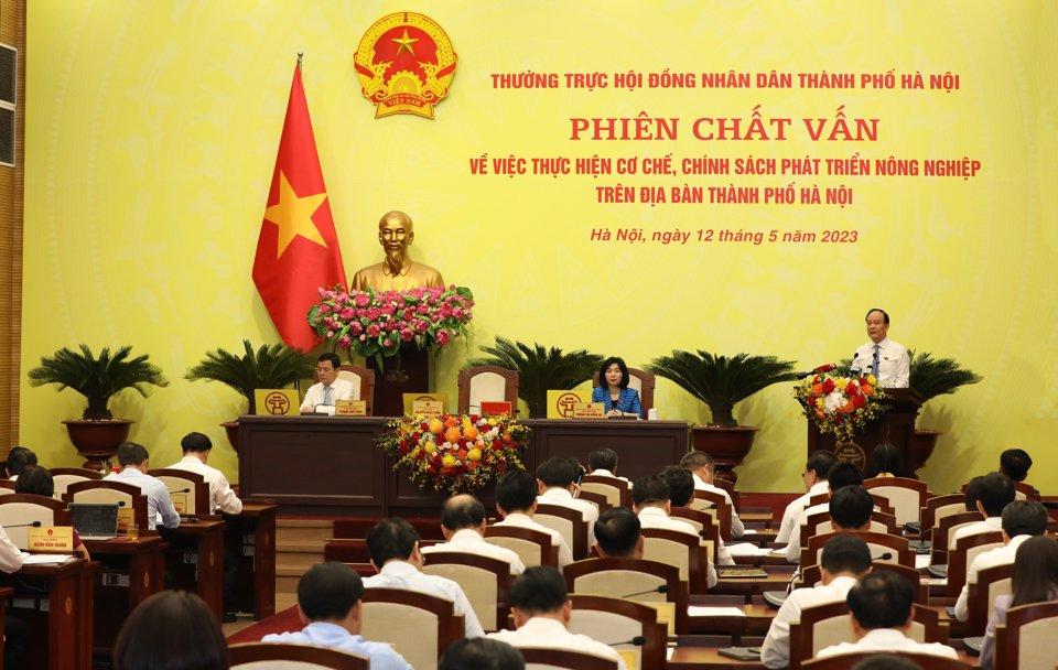 Quang cảnh phiên chất vấn của HĐND Thành phố Hà Nội về việc thực hiện các cơ chế, chính sách phát triển nông nghiệp trên địa bàn thành phố Hà Nội (Ảnh: Thanh Hải)