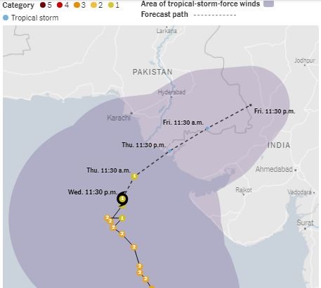 Đường đi của bão Biparijoy. Ảnh:  Global Disaster Alert and Coordination System