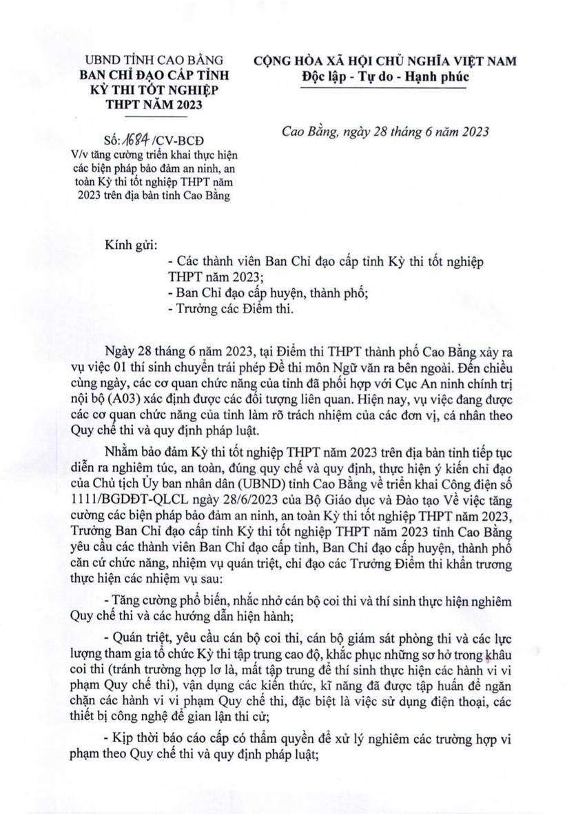 Cao Bằng siết chặt an ninh các điểm thi tốt nghiệp THPT ảnh 1