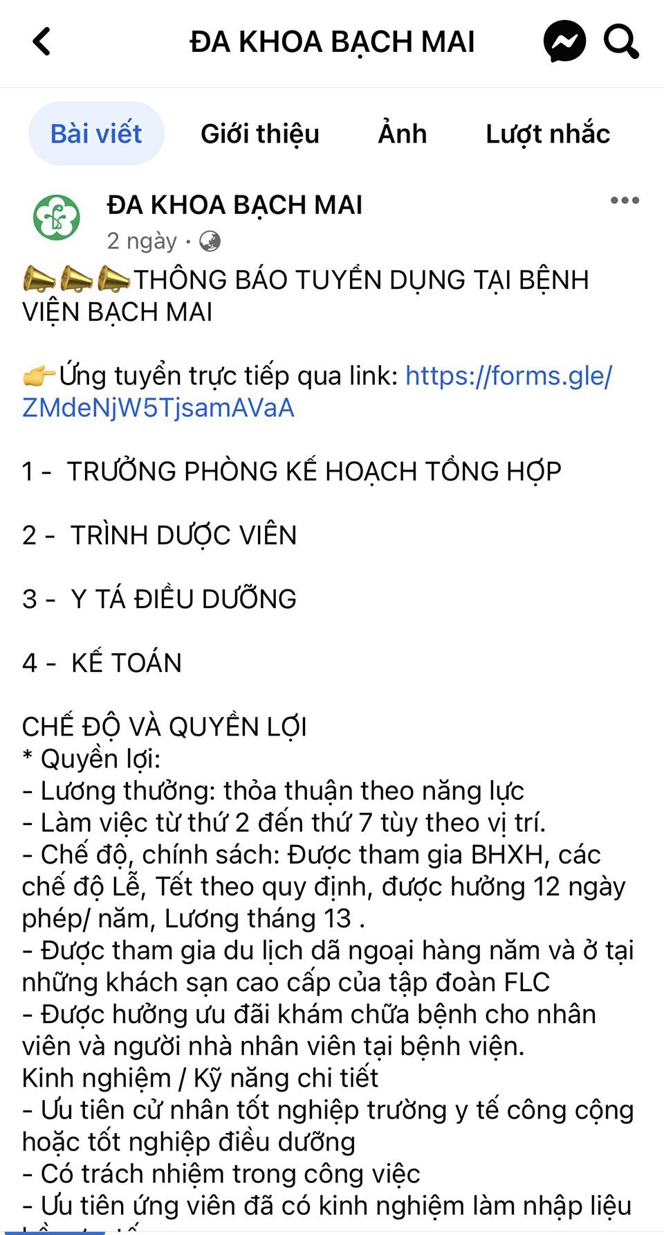 Cảnh báo giả mạo fanpage bệnh viện đăng tin tuyển dụng - Ảnh 1