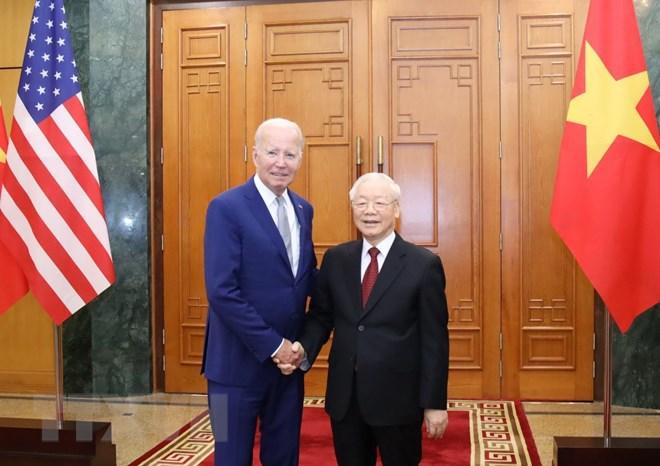 Tổng Bí thư Nguyễn Phú Trọng và Tổng thống Mỹ Joe Biden. Ảnh: TTXVN