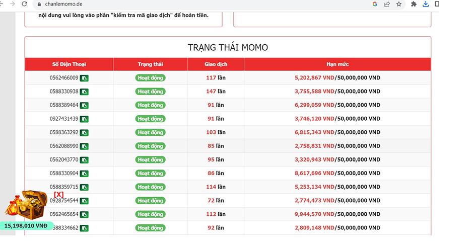 Một web đánh bạc qua MoMo vẫn ngang nhiên hoạt động ngày, sáng 30.10. Ảnh chụp màn hình