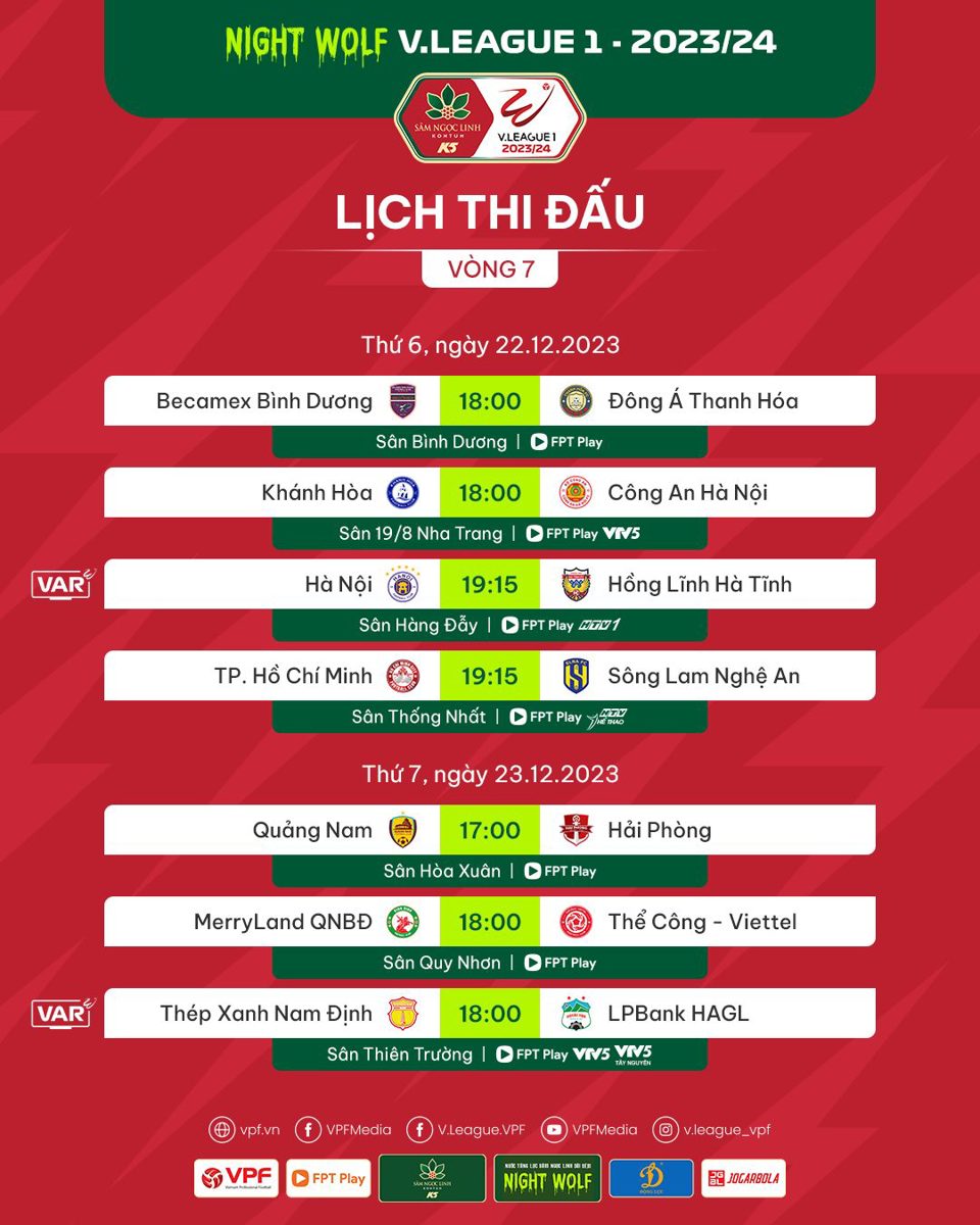 Lịch thi đấu chi tiết vòng 7 V-League 2023/2024 - Ảnh 1