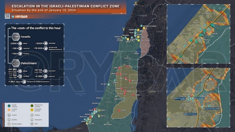 Bản đồ xung đột Israel - Hamas ngày 16/1. (Ảnh: Rybar)