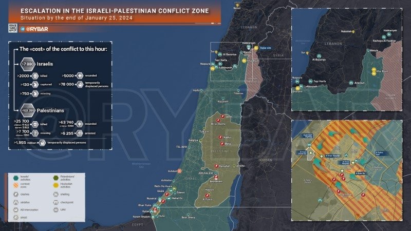 Bản đồ xung đột Israel - Hamas ngày 25/1. (Ảnh: Rybar)