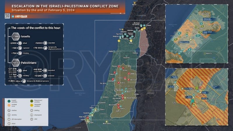 Bản đồ xung đột Israel - Hamas ngày 5/2. (Ảnh: Rybar)