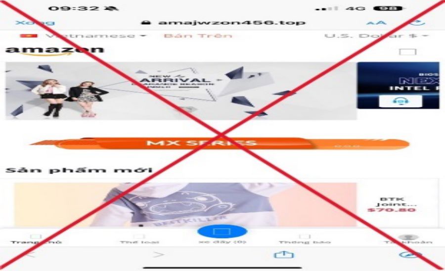 Giao diện trang thương mại điện tử giả mạo Amazon. Ảnh: Công an Hà Nội
