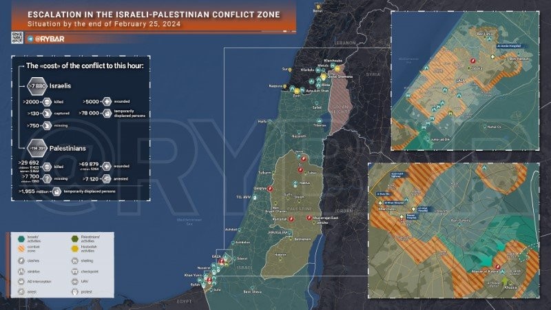 Bản đồ xung đột Israel - Hamas ngày 25/2. (Ảnh: Rybar)