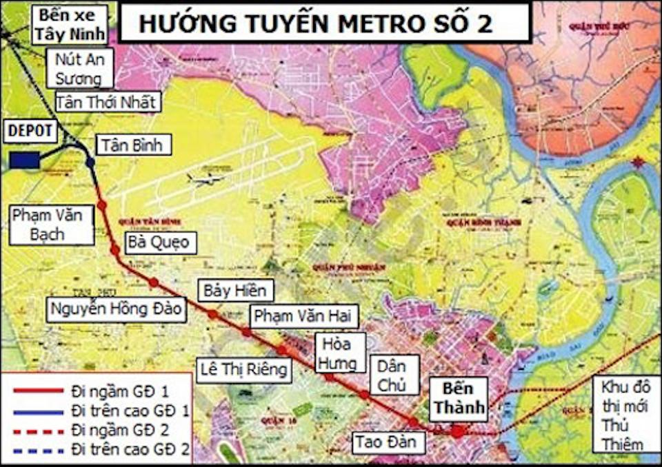 Sơ đồ đường đi của tuyến metro số 2. Ảnh: BQL Đường sắt đô thị TP Hồ Chí Minh - MAUR