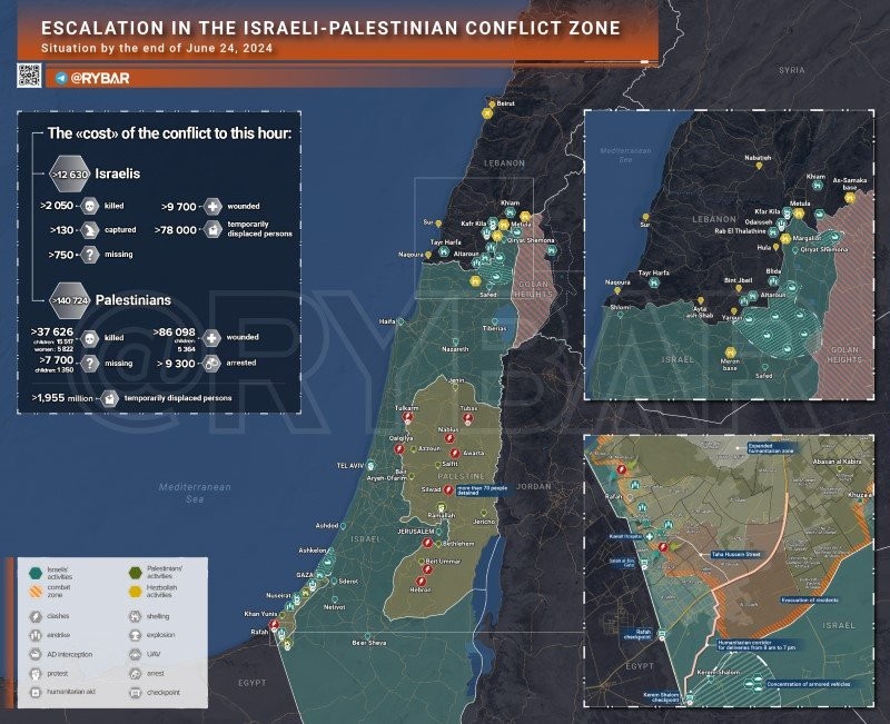 Bản đồ xung đột Israel - Hamas ngày 24/6. (Ảnh: Rybar)