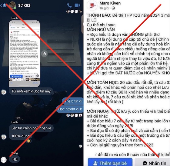 Tối ngày 25.6, trong một số nhóm, diễn đàn trên mạng Internet có chia sẻ, lan truyền thông tin sai sự thật về việc “lộ đề thi tốt nghiệp THPT năm 2024“. Ảnh: Bộ GDĐT