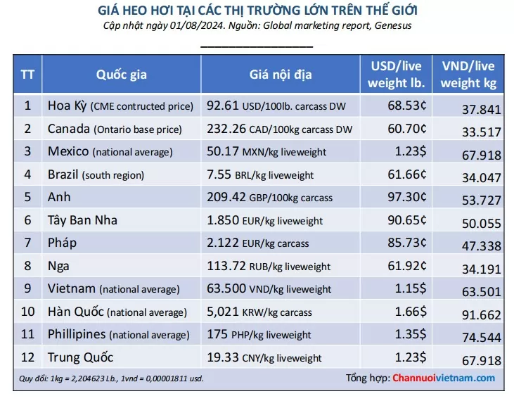 Giá heo hơi xuất chuồng tại các thị trường lớn trên thế giới ngày 01/08/2024 (Nguồn: Global marketing report, Genesus).