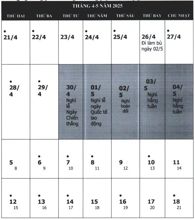 Phương án hoán đổi để nghỉ lễ Chiến thắng 30/4 và ngày Quốc tế lao động 1/5 của năm 2025. NGHỈ LỄ 02.jpg