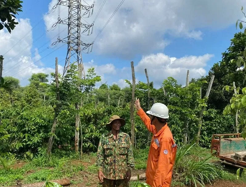 Công nhân Xí nghiệp Lưới điện Cao thế Đắk Lắk thực hiện gia cố móng trụ trước mùa mưa bão