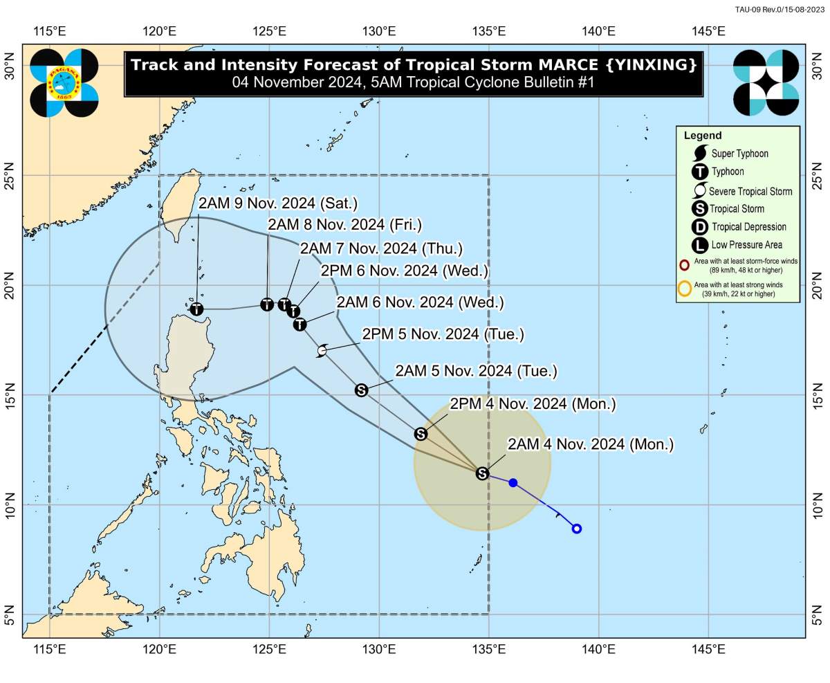 Dự báo đường đi của bão Marce. Ảnh: PAGASA