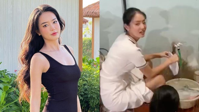 Hình ảnh á hậu Việt quét sân, rửa 40 mâm bát gây sốt