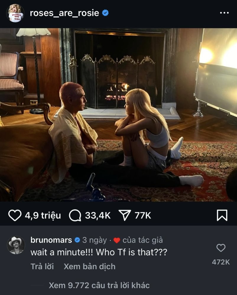 Bruno Mars phản ứng khi Rosé đăng ảnh cùng chàng trai khác. Ảnh: Instagram