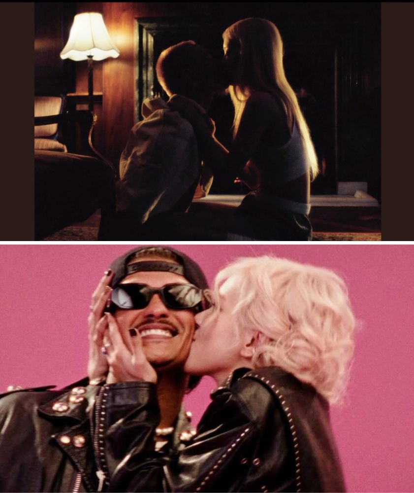 Rosé hôn môi với Evan Mock trong và hôn má Bruno Mars trong các MV. Ảnh: Cắt từ MV