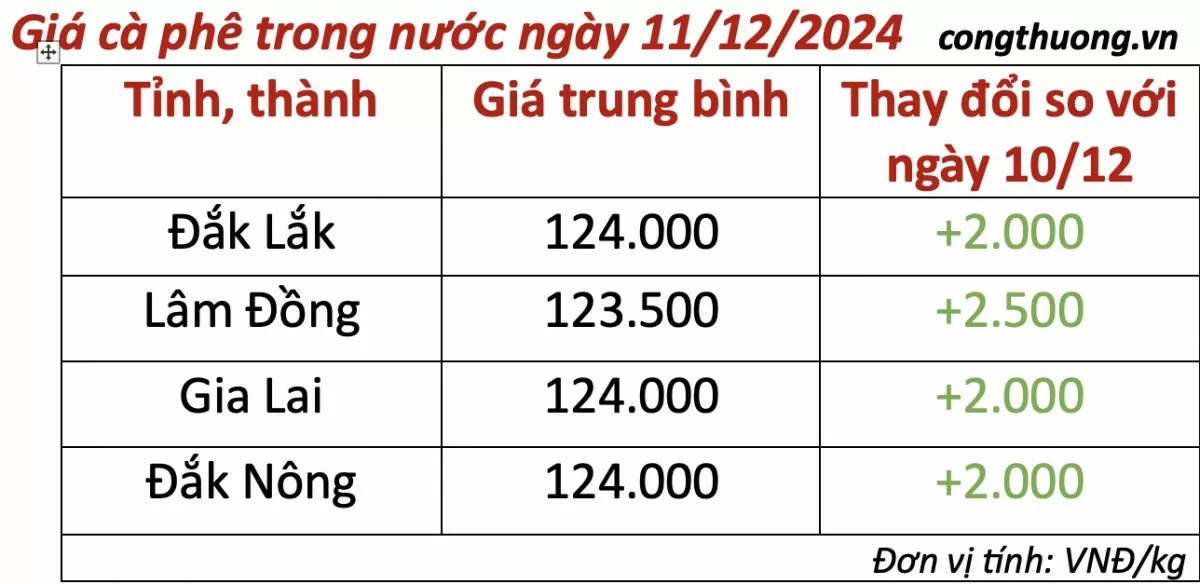 Giá cà phê hôm nay 11/12/2024: Giá cà phê tăng 2.000 đồng/kg Giá cà phê hôm nay 11/12/2024: Giá cà phê tăng 2.000 đồng/kg