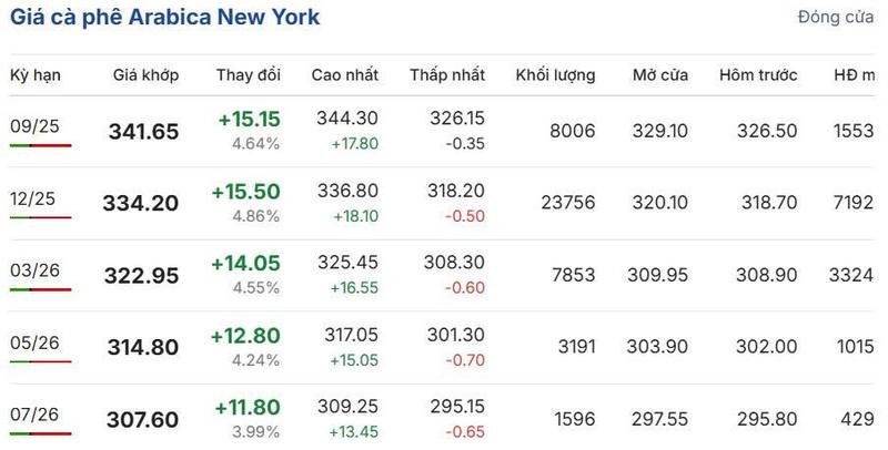 Giá cà phê Arabica New York sáng ngày 18/8/2025