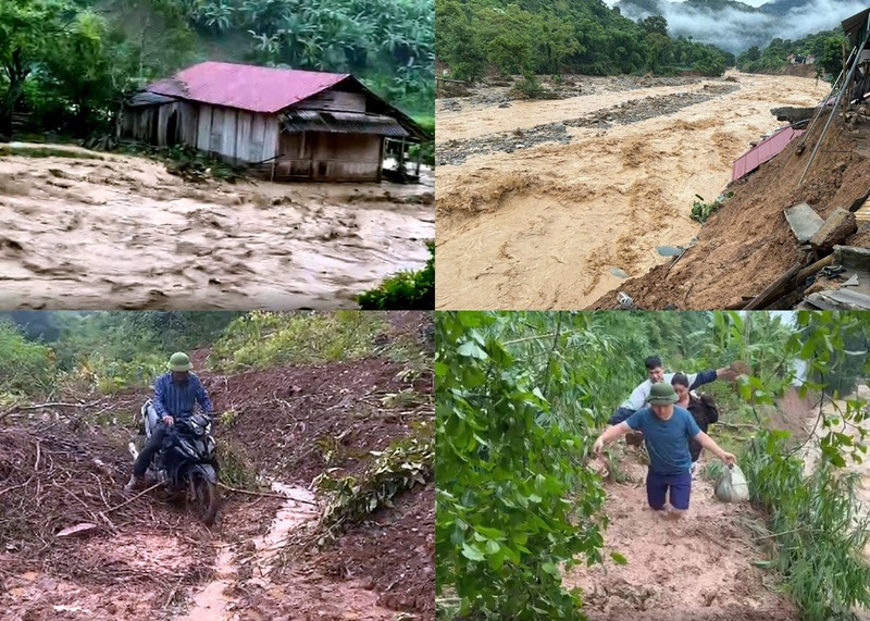 Cán bộ xã Nhôn Mai (Nghệ An) băng rừng, vượt con lũ giữ để tiếp tế bà con bị cô lập. Ảnh: Đặng Trung