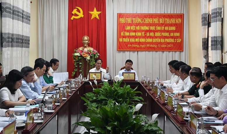 Phó Thủ tướng Bùi Thanh Sơn làm việc với Thường trực Tỉnh uỷ An Giang - Ảnh: VGP/Hải Minh