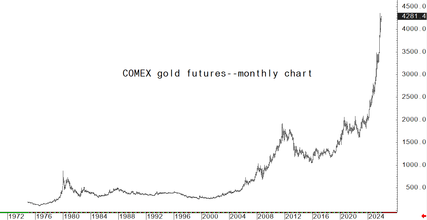 Biểu đồ theo tháng giá vàng tương lai trên sàn Comex từ năm 1972-2024. Ảnh: Kitco