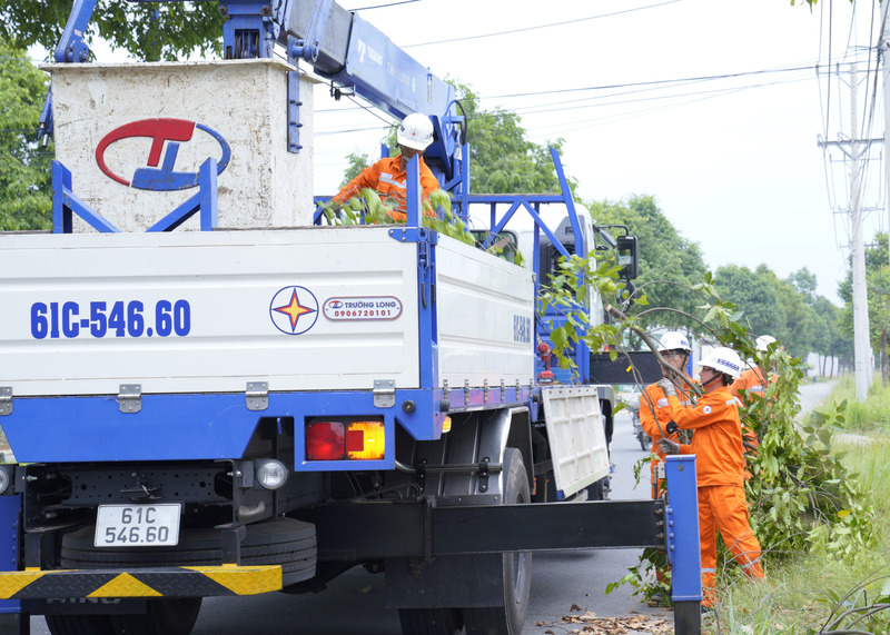 Nhân viên Công ty Điện lực Bến Cát phát quang, cưa nhánh cây nhằm đảm bảo an toàn lưới điện ở xã Bàu Bàng, TP. Hồ Chí Minh. Ảnh: Minh Khuê.