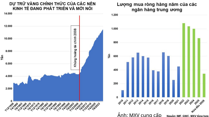 Lượng vàng dự trữ của các nền kinh tế đang phát triển và mới nổi + Lượng mua ròng hàng năm của các Ngân hàng Trung ương