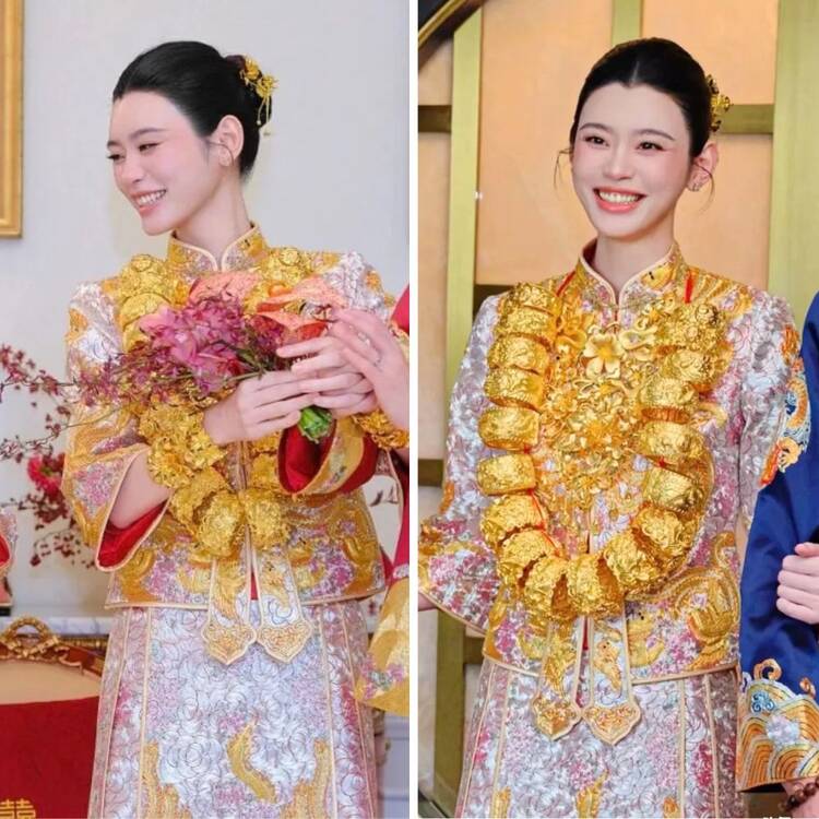 Hề Mộng Dao được mẹ chồng tặng 22 chiếc vòng long phụng bằng vàng. Ảnh: Xinhua